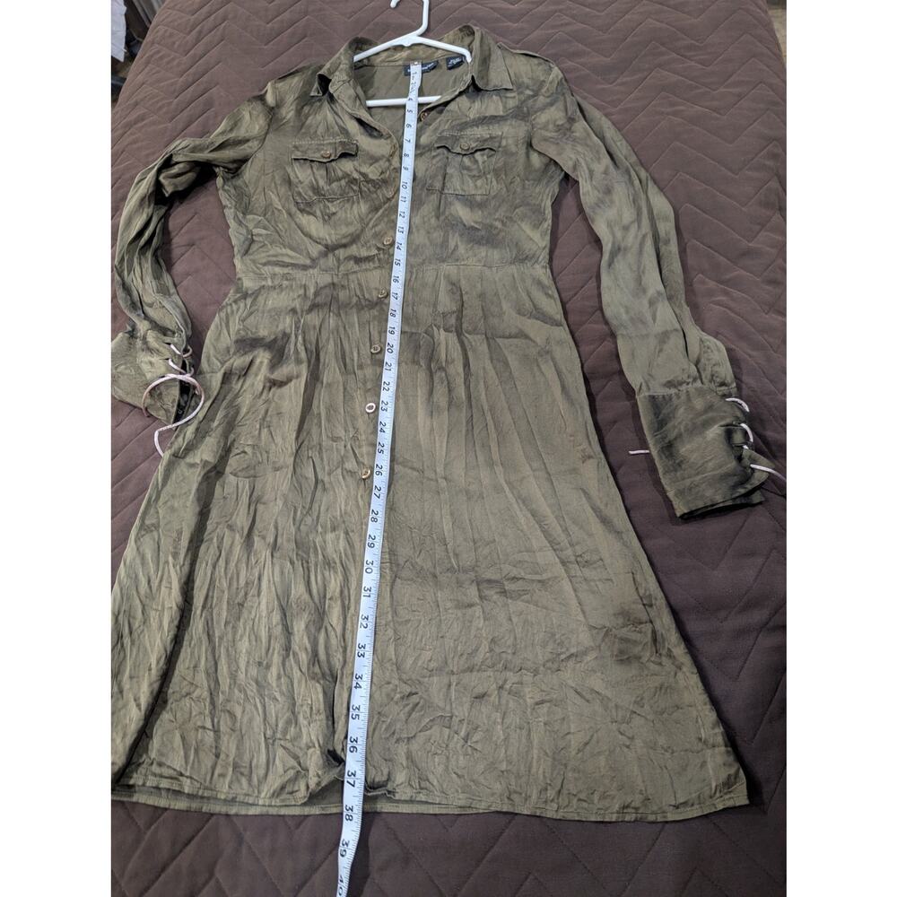 Moda International size S long sleeve collared 100% silk olive green midi dress - Picture 9 of 9